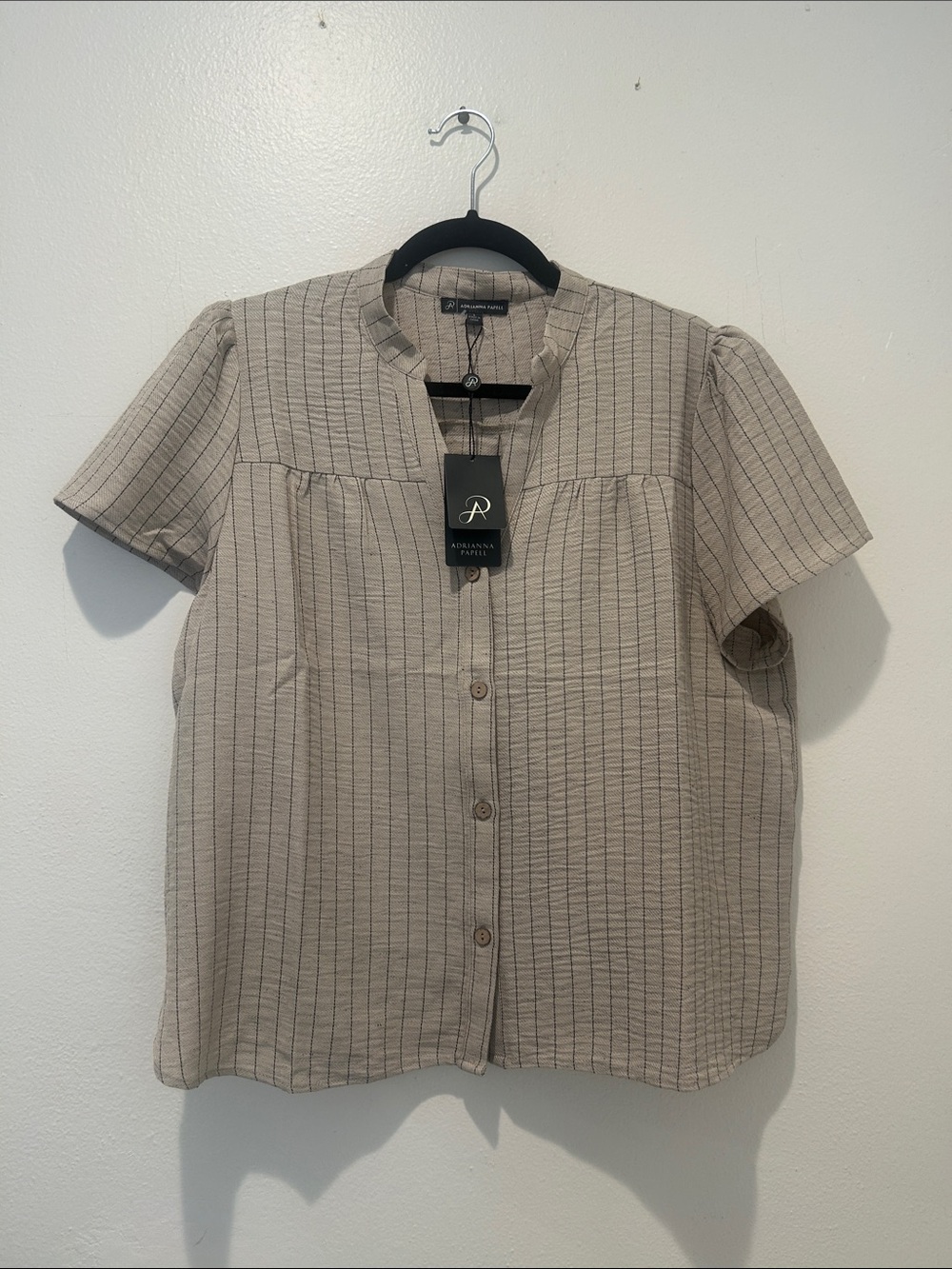 Adrianna Papell Tan Pinstripe Short-Sleeve Button-Front Shirt